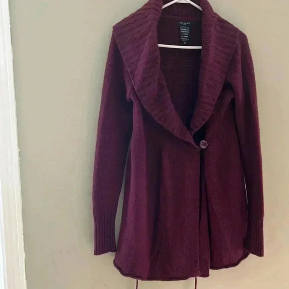 [L]Talula Burgundy One Button  Closure Wool Cashmere Cardigan Big Neck Sweater - Picture 1 of 9